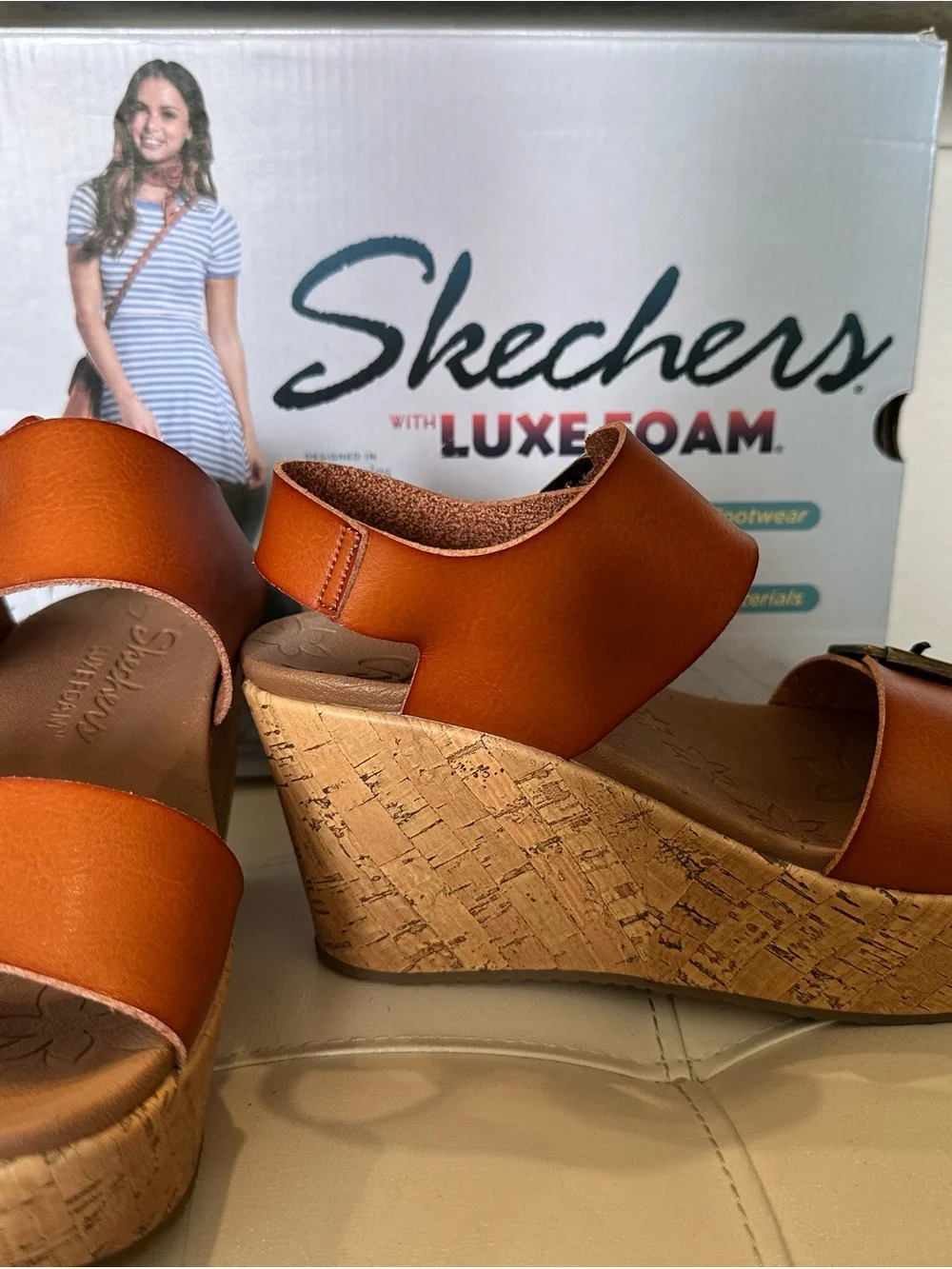 Skechers Luxe Foam Cork Wedge Sandals Chestnut Double Buckle